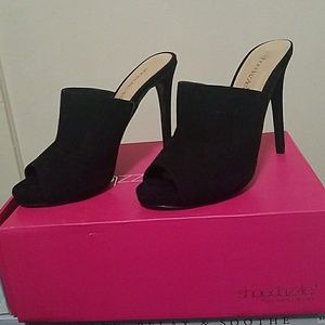 Black suede backless, open-toe, heels, Size 8 1/2